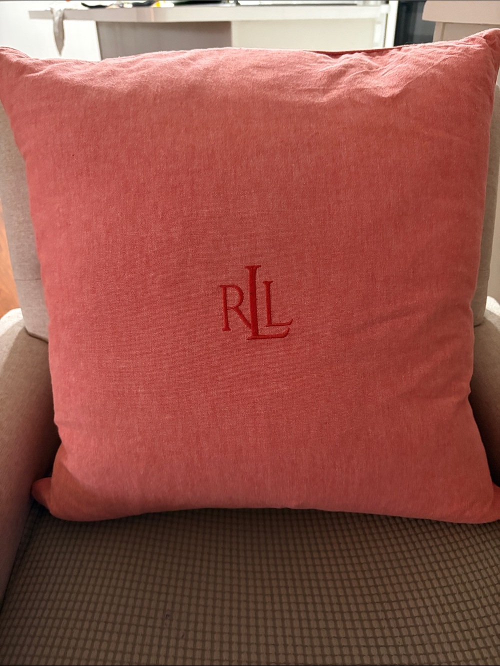 RLL Monogram Coral Square Cotton Accent Pillow with down insert
